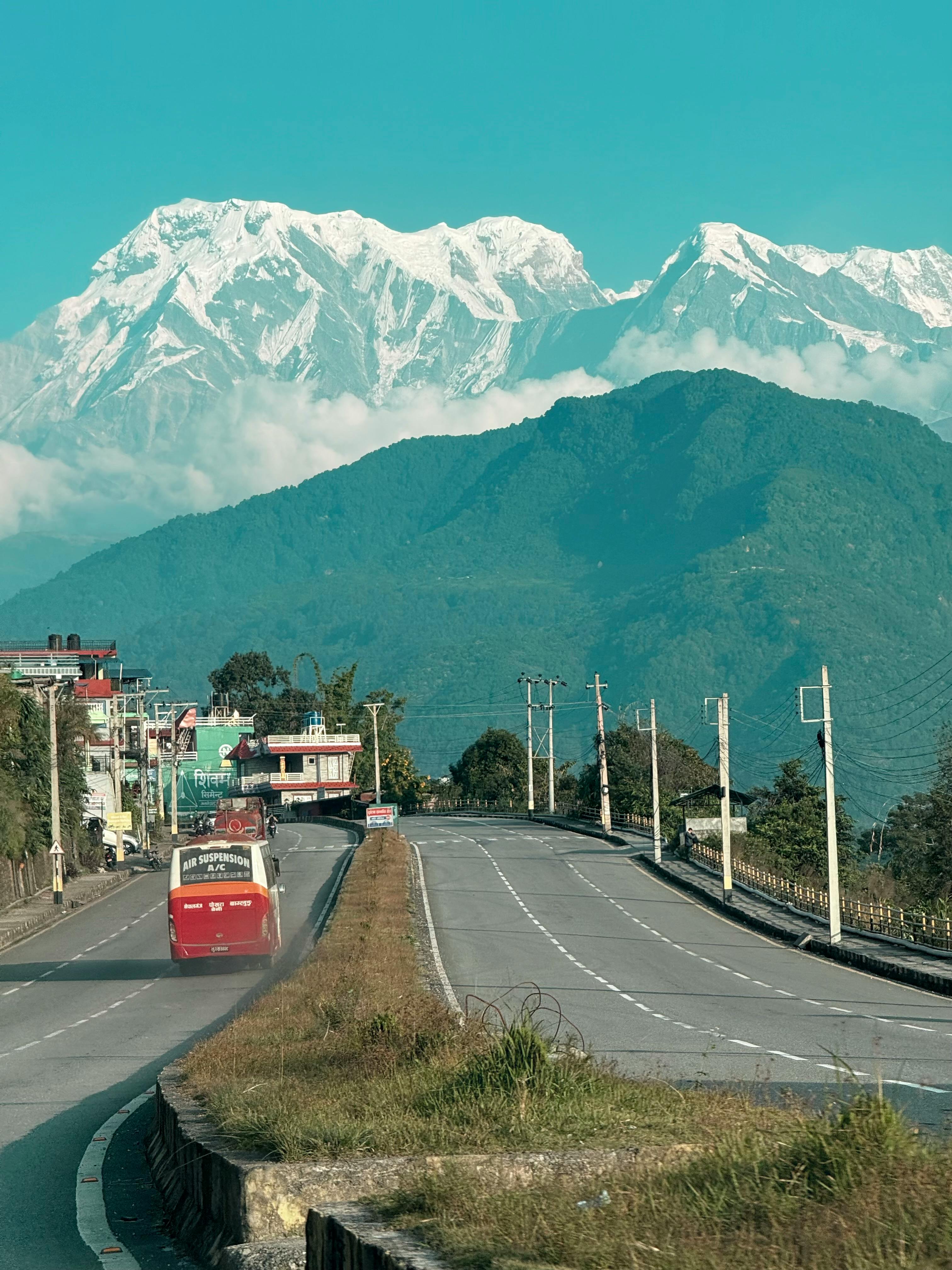 Nepal road with Himalaya mountains view